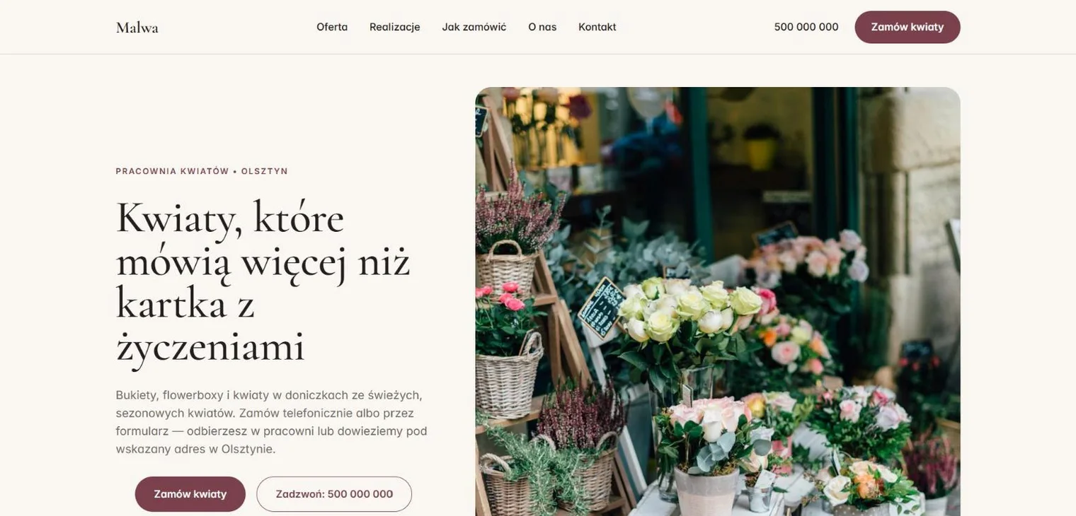 Projekt koncepcyjny: landing page kwiaciarni — widok na komputerze