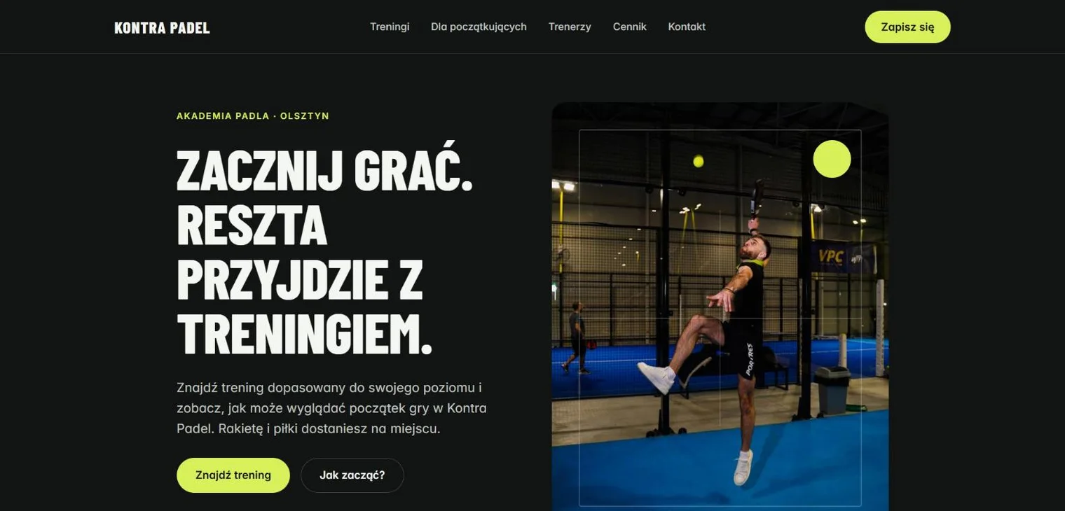 Projekt koncepcyjny: landing page klubu padla — widok na komputerze