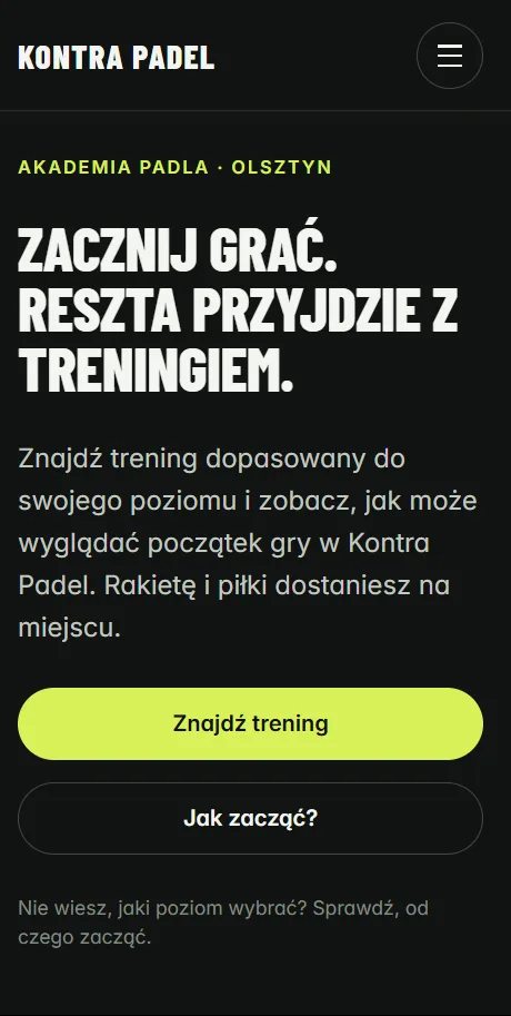 Projekt koncepcyjny: landing page klubu padla — widok na telefonie